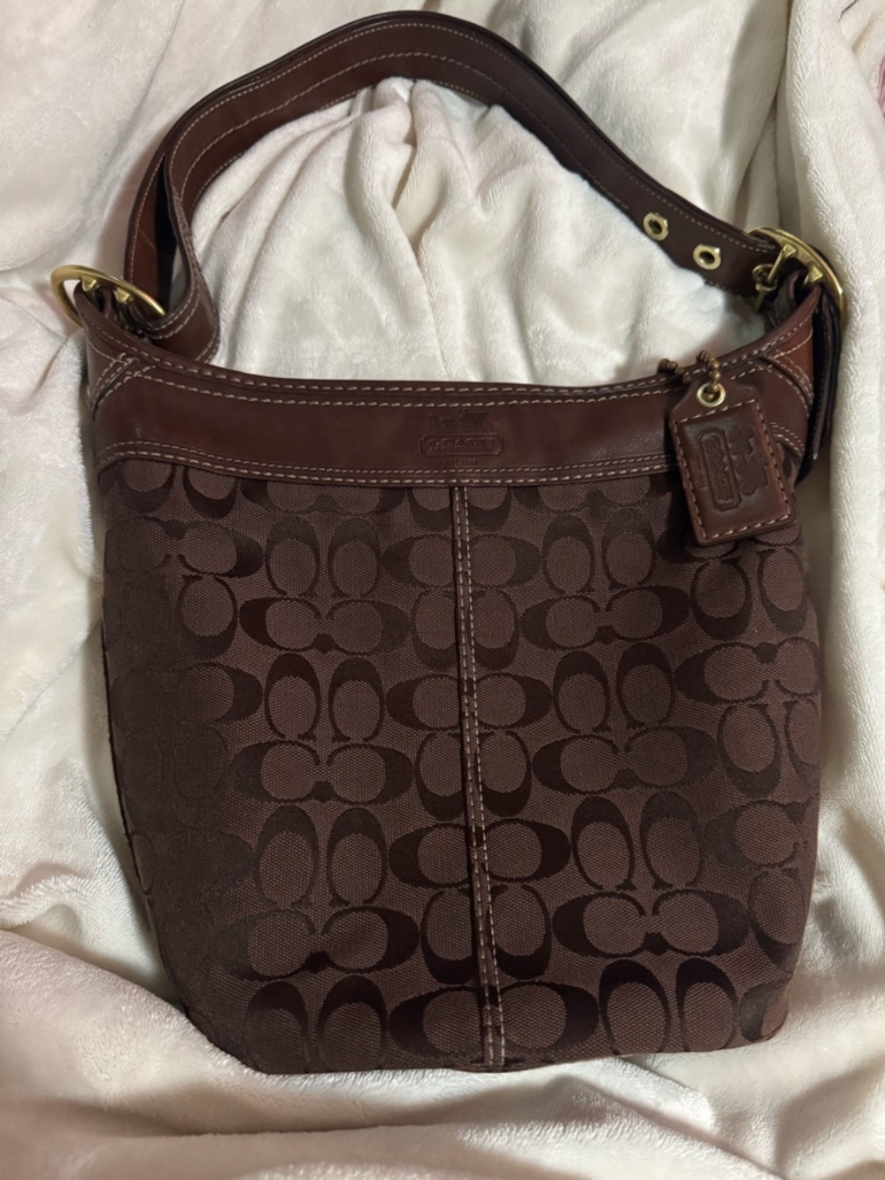 Coach Brown Signature Canvas Shoulder Bag with Leather Trim